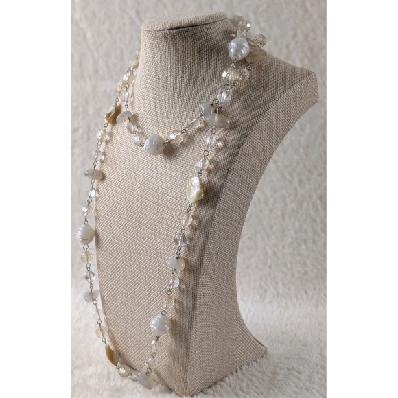 Crystal Sky Jewelry - Long Baroque Pearl & Crystal Necklace Silver Tone Shell Beads Layered